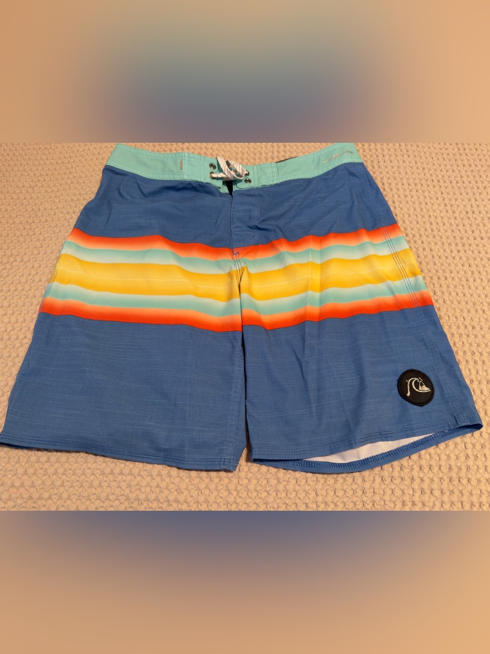 Quiksilver Striped Surf Shorts in Teal, Blue, Orange, Yellow